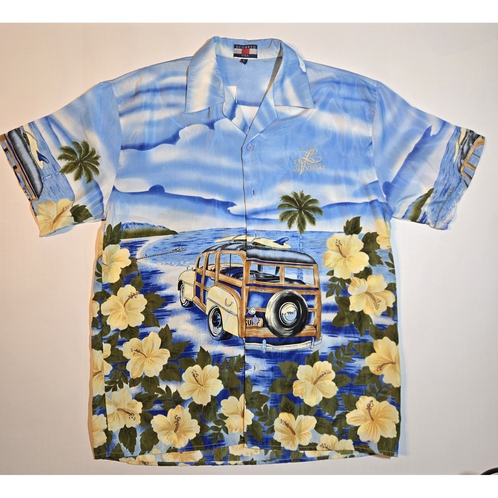 NWT SCORPION USA Hawaiian Shirt Mens Large Blue Foil Floral Las Vegas Button Up